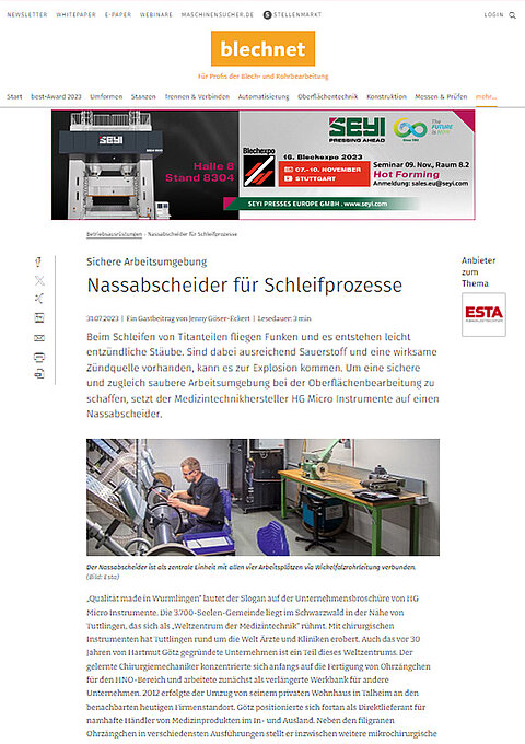 Nassabscheider für Schleifprozesse 