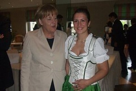 Chancellor Angela Merkel and ESTA shareholder Jessica Kulitz. Chancellor Angela Merkel and ESTA shareholder Jessica Kulitz.