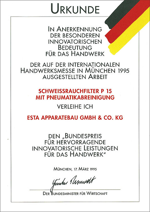 Urkunde für den Schweissrauchfilter P15.