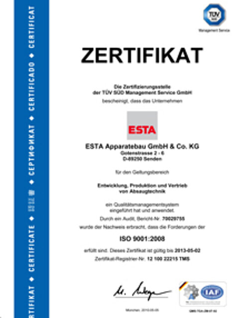 ISO Zertifikat von ESTA. ISO Zertifikat von ESTA.